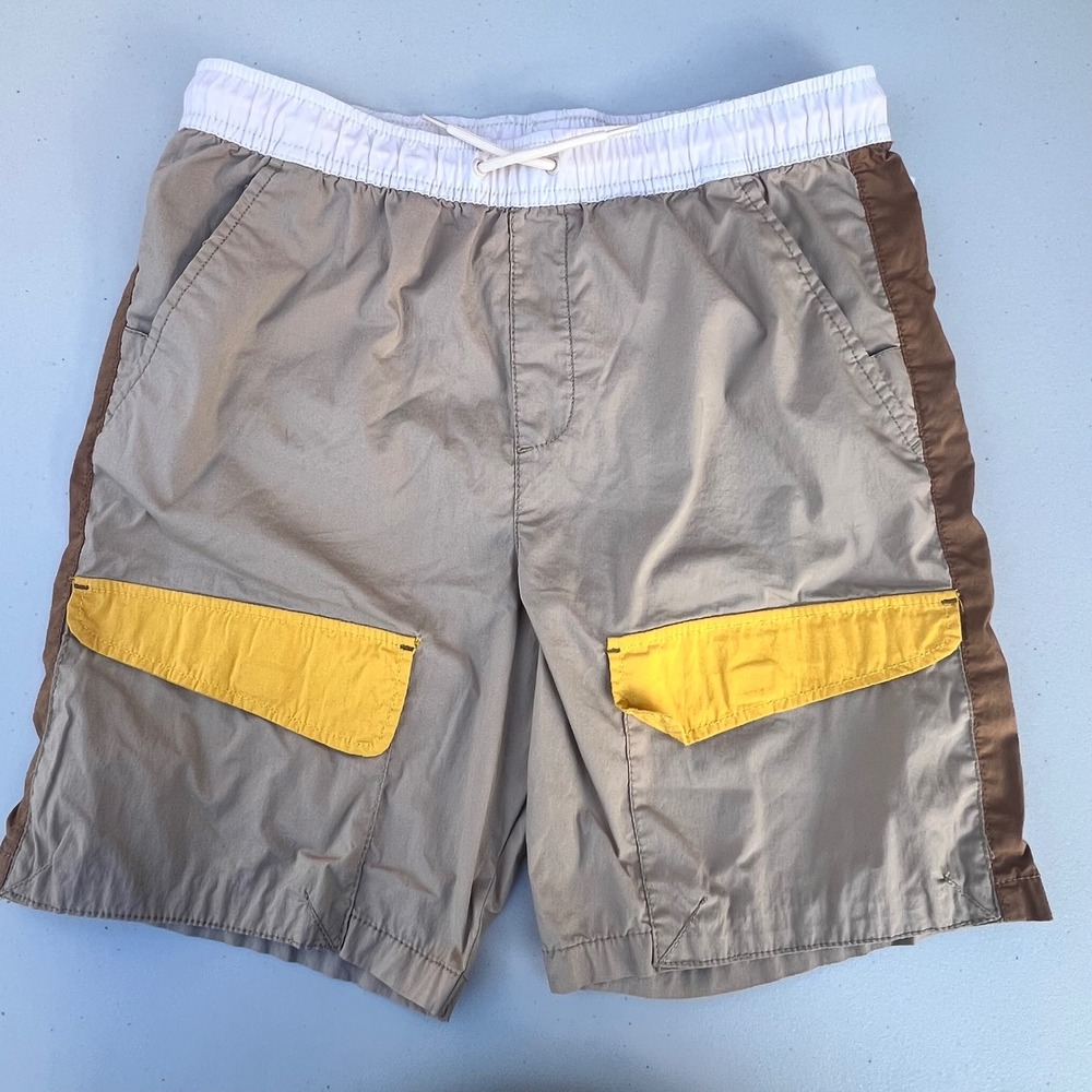 Mens Colorblock Cargo Shorts Tan Brown Yellow Elastic Waist Drawstring Casual L
